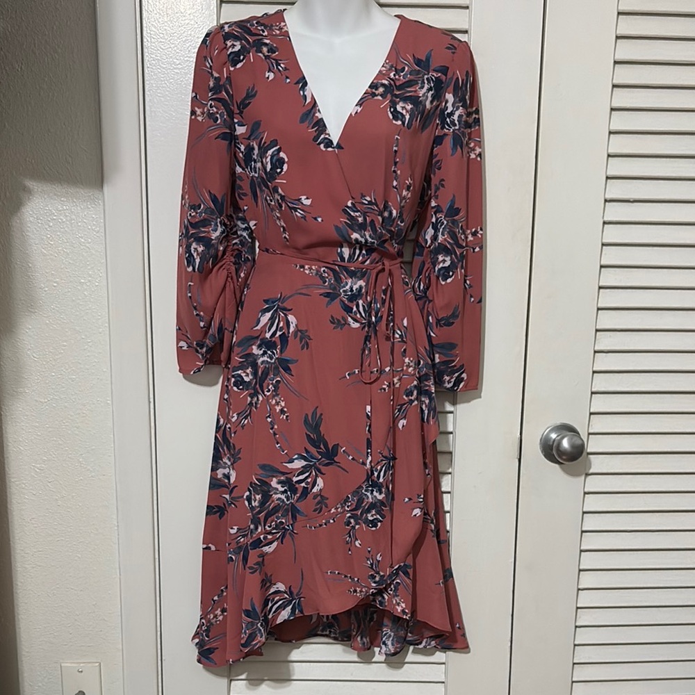 Charles Henry Pink Wrap Dress Asymmetrical Ruffled 3/4 Sleeve